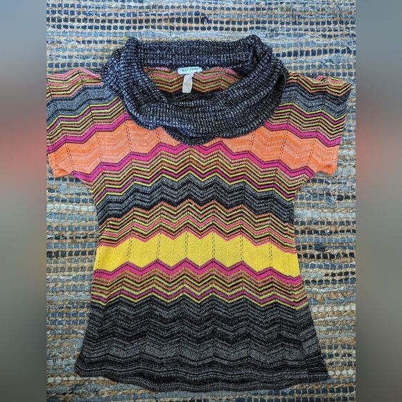 VTG Wet Paint Cowl Neck Sweater L Sleeveless Chevron Grey Orange Cluttercore - Picture 2 of 7